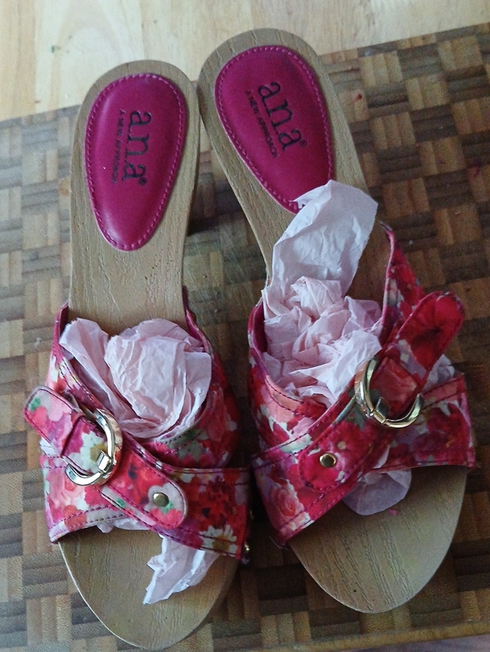 a.n.a Pink Floral Slip-On Wedge Mules with Gold Buckles